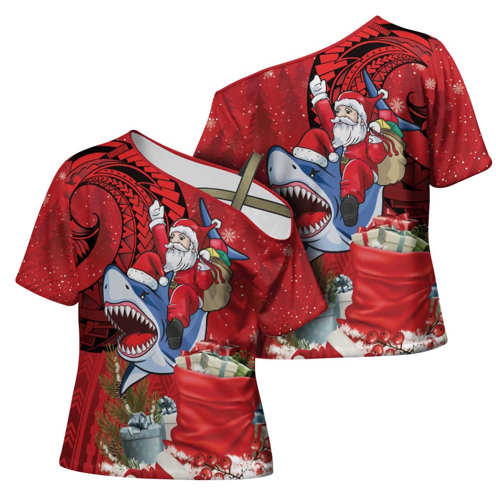 Funny Santa Riding Shark Cross Shoulder Shirt Polynesian Tribal Christmas Spirit - Polynesian Pride