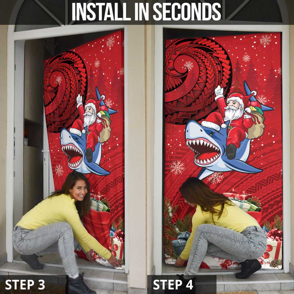Funny Santa Riding Shark Door Cover Polynesian Tribal Christmas Spirit - Polynesian Pride