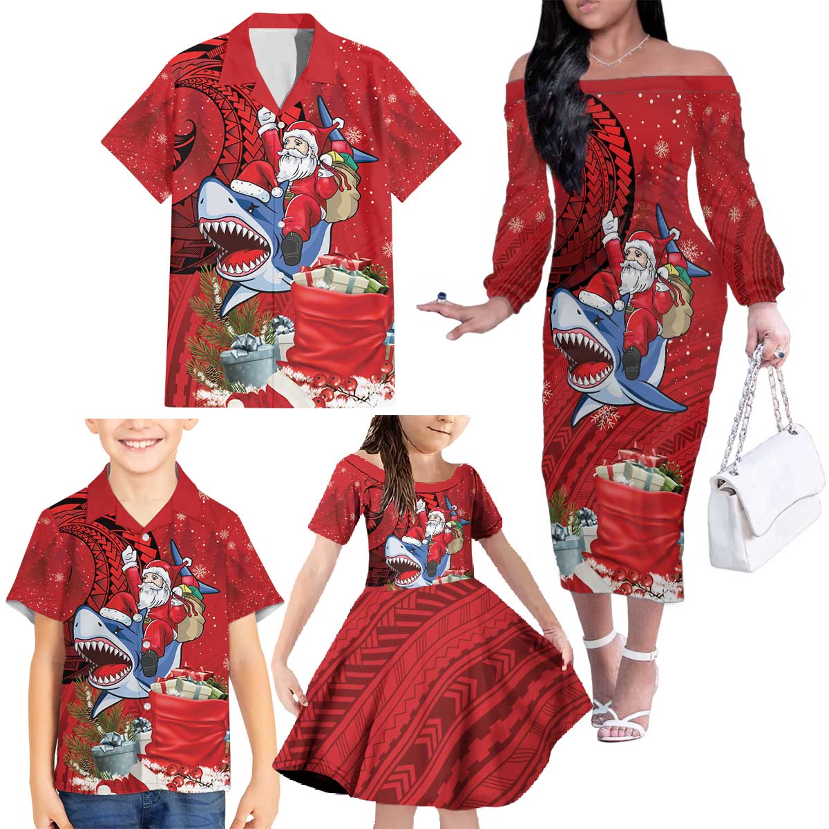 Funny Santa Riding Shark Family Matching Off The Shoulder Long Sleeve Dress and Hawaiian Shirt Polynesian Tribal Christmas Spirit - Polynesian Pride