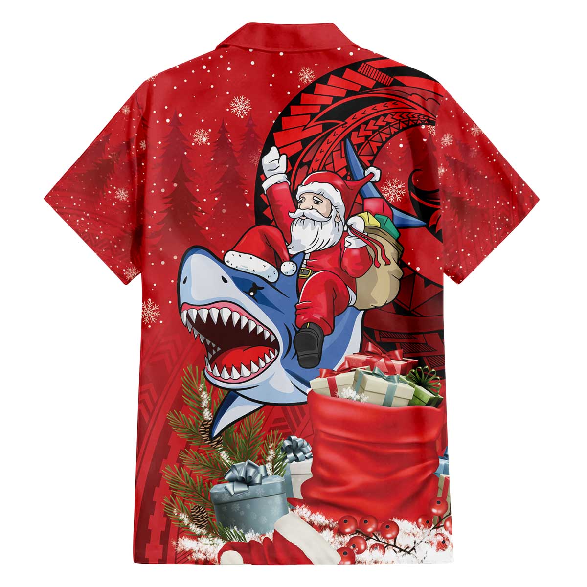 Funny Santa Riding Shark Family Matching Off The Shoulder Long Sleeve Dress and Hawaiian Shirt Polynesian Tribal Christmas Spirit - Polynesian Pride