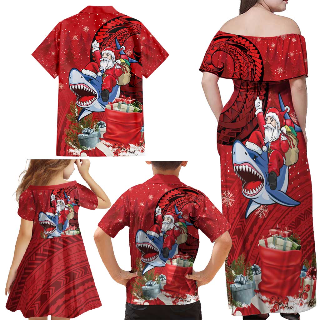 Funny Santa Riding Shark Family Matching Off Shoulder Maxi Dress and Hawaiian Shirt Polynesian Tribal Christmas Spirit - Polynesian Pride