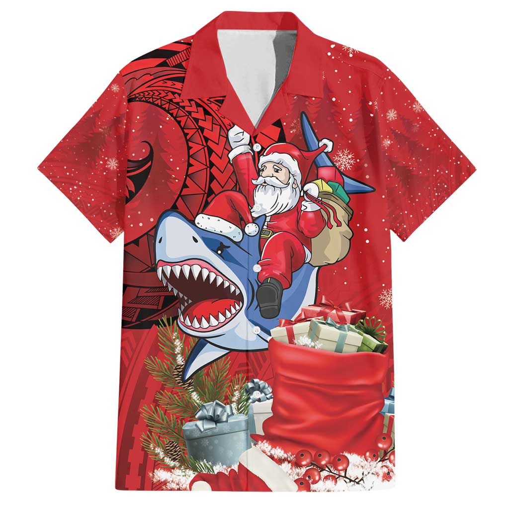 Funny Santa Riding Shark Family Matching Off Shoulder Maxi Dress and Hawaiian Shirt Polynesian Tribal Christmas Spirit - Polynesian Pride