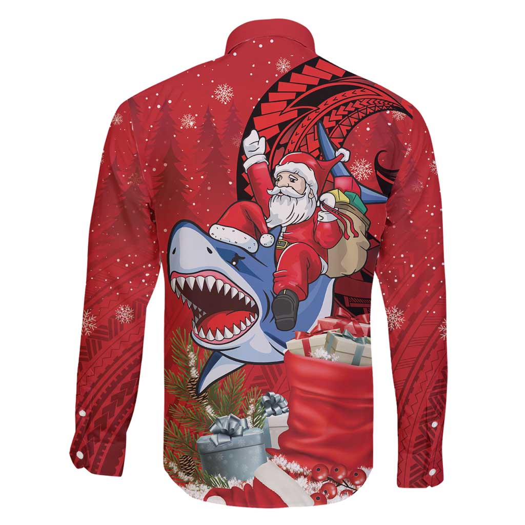 Funny Santa Riding Shark Family Matching Off Shoulder Maxi Dress and Hawaiian Shirt Polynesian Tribal Christmas Spirit - Polynesian Pride