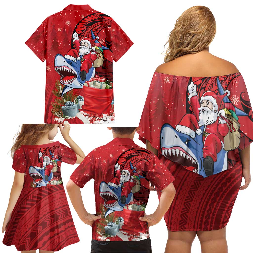 Funny Santa Riding Shark Family Matching Off Shoulder Short Dress and Hawaiian Shirt Polynesian Tribal Christmas Spirit - Polynesian Pride