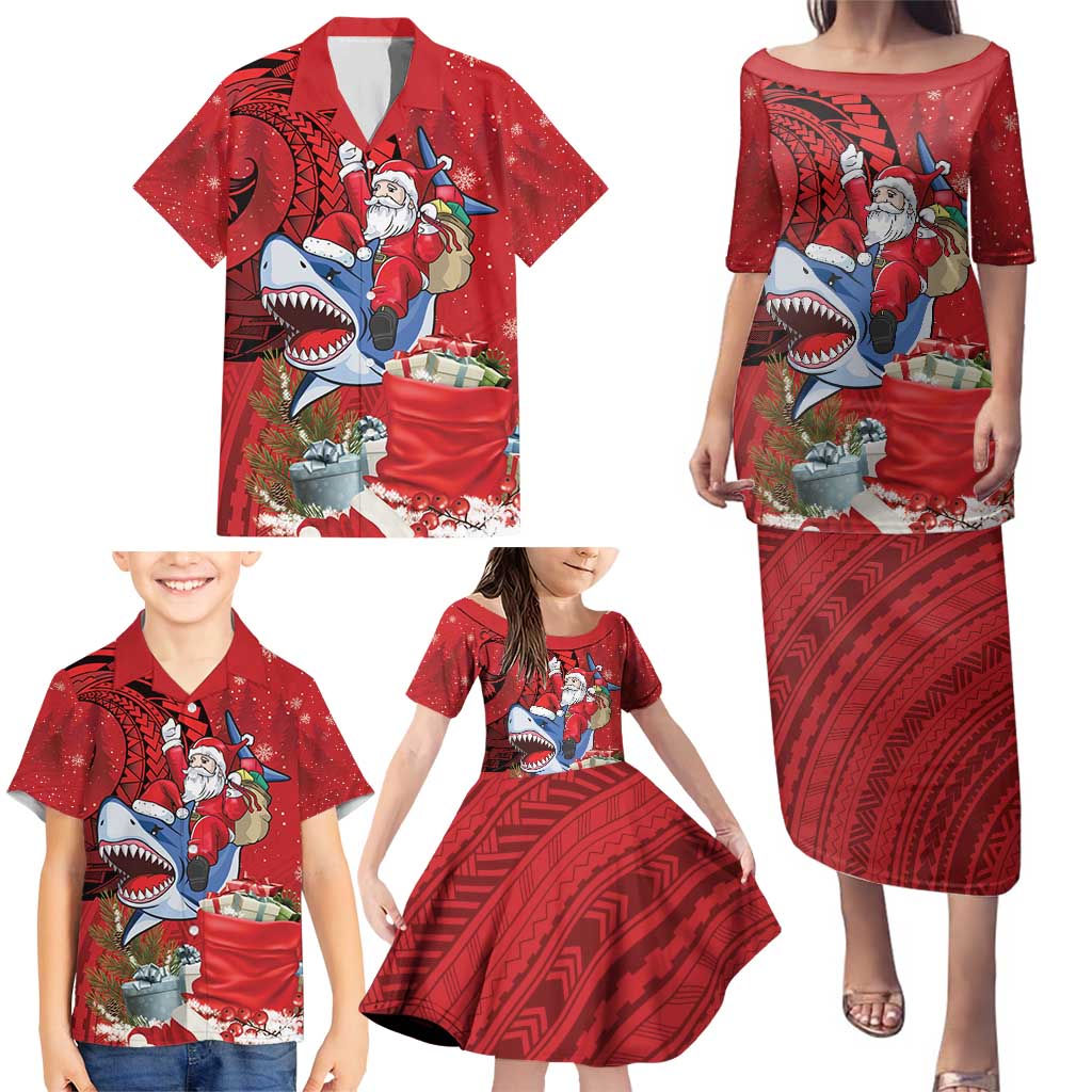 Funny Santa Riding Shark Family Matching Puletasi and Hawaiian Shirt Polynesian Tribal Christmas Spirit - Polynesian Pride