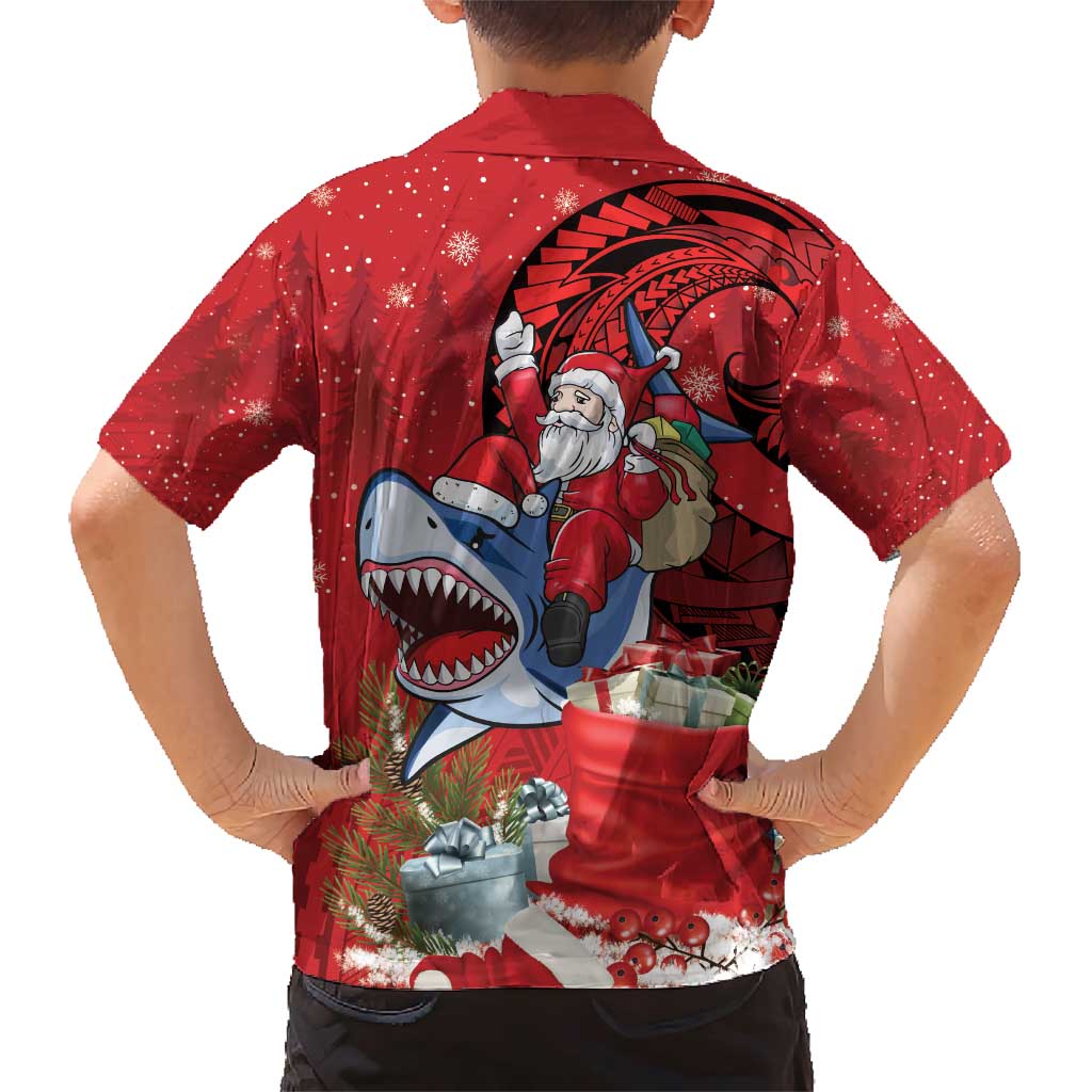Funny Santa Riding Shark Family Matching Short Sleeve Bodycon Dress and Hawaiian Shirt Polynesian Tribal Christmas Spirit - Polynesian Pride