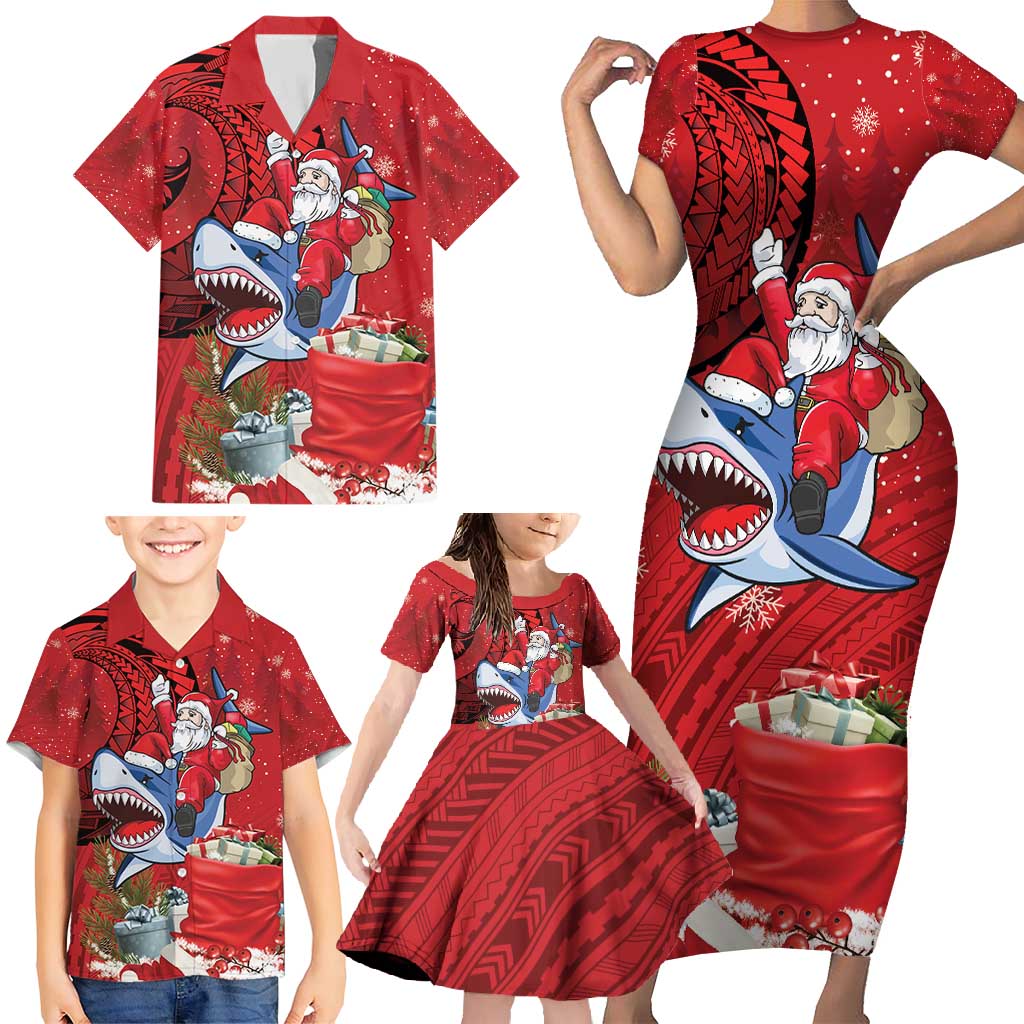 Funny Santa Riding Shark Family Matching Short Sleeve Bodycon Dress and Hawaiian Shirt Polynesian Tribal Christmas Spirit - Polynesian Pride