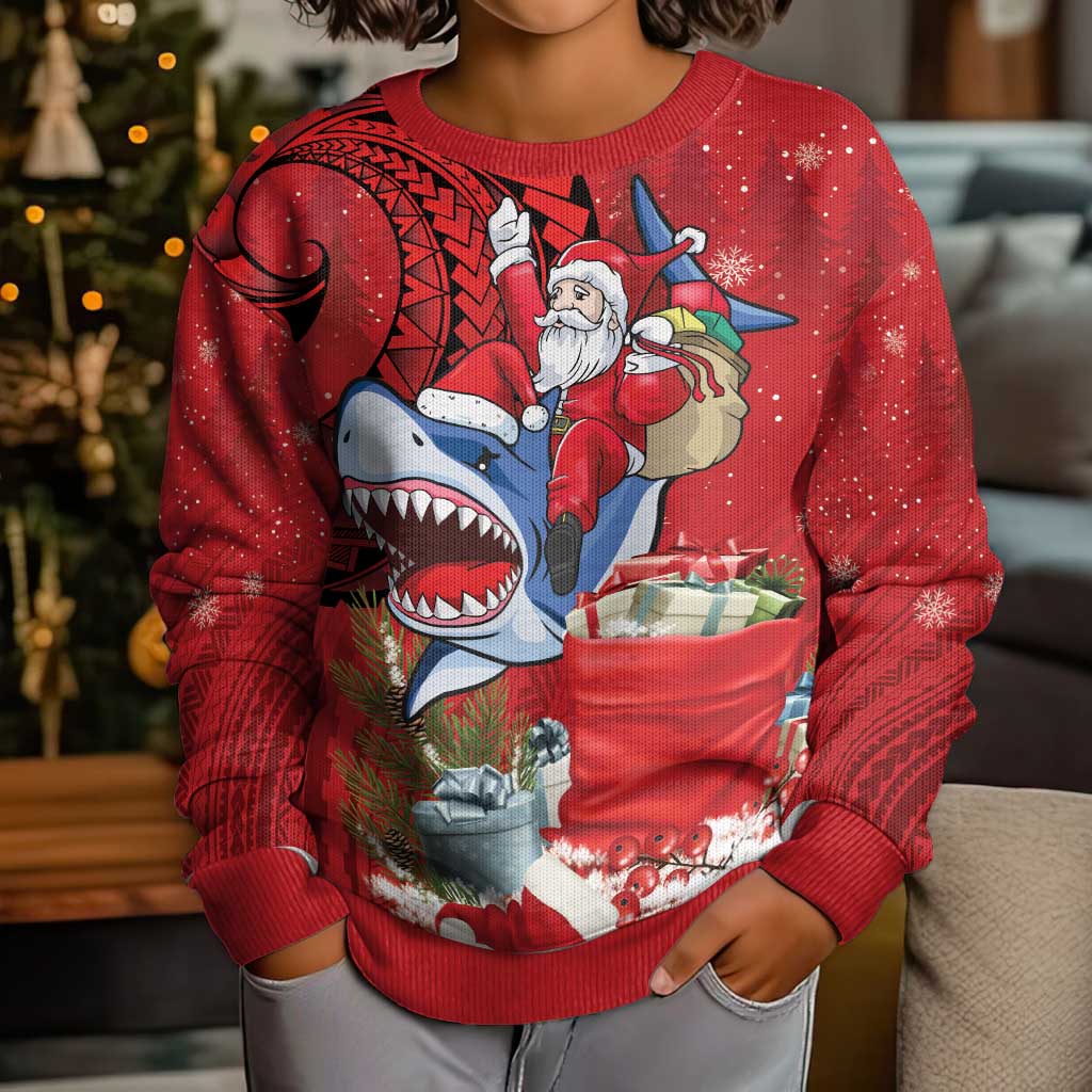 Funny Santa Riding Shark Kid Ugly Christmas Sweater Polynesian Tribal Christmas Spirit - Polynesian Pride