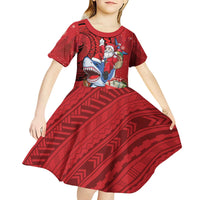 Funny Santa Riding Shark Kid Short Sleeve Dress Polynesian Tribal Christmas Spirit - Polynesian Pride