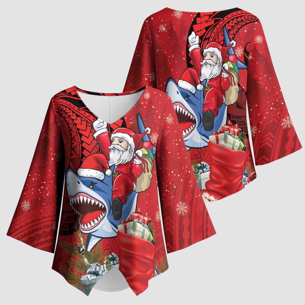 Funny Santa Riding Shark Kimono Sleeve Blouse Polynesian Tribal Christmas Spirit - Polynesian Pride