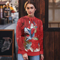 Funny Santa Riding Shark Ugly Christmas Sweater Polynesian Tribal Christmas Spirit - Polynesian Pride