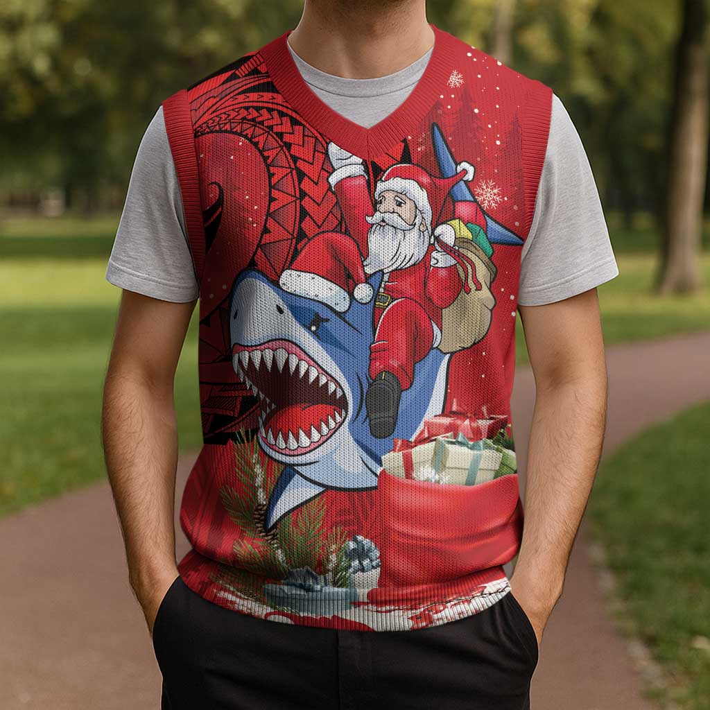 Funny Santa Riding Shark Christmas Knitted V-Neck Vest Polynesian Tribal Christmas Spirit - Polynesian Pride
