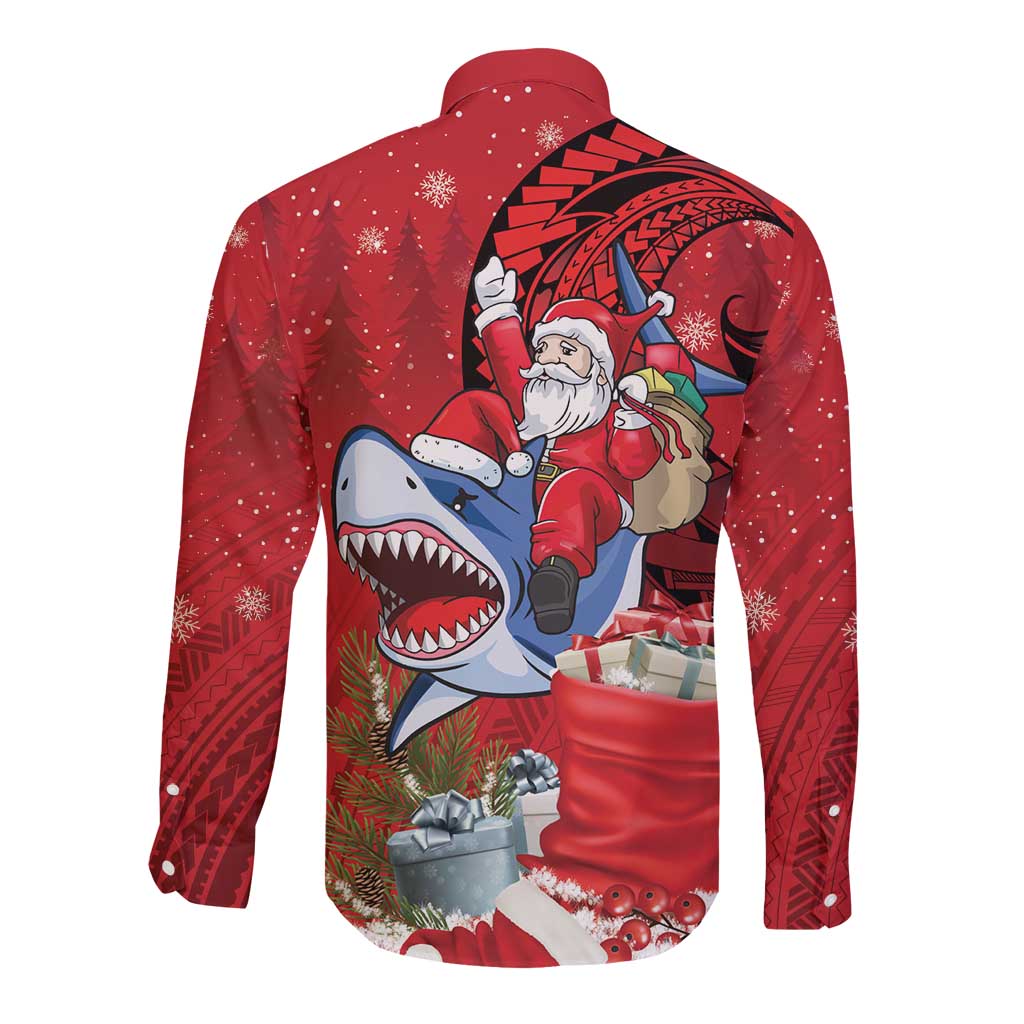 Funny Santa Riding Shark Long Sleeve Button Shirt Polynesian Tribal Christmas Spirit - Polynesian Pride