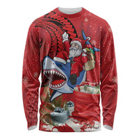 Funny Santa Riding Shark Long Sleeve Shirt Polynesian Tribal Christmas Spirit - Polynesian Pride