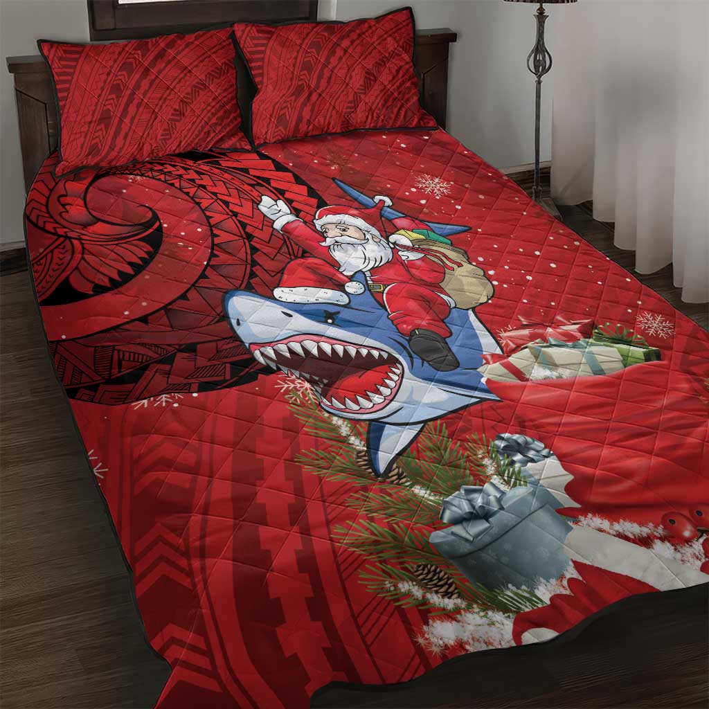 Funny Santa Riding Shark Quilt Bed Set Polynesian Tribal Christmas Spirit - Polynesian Pride