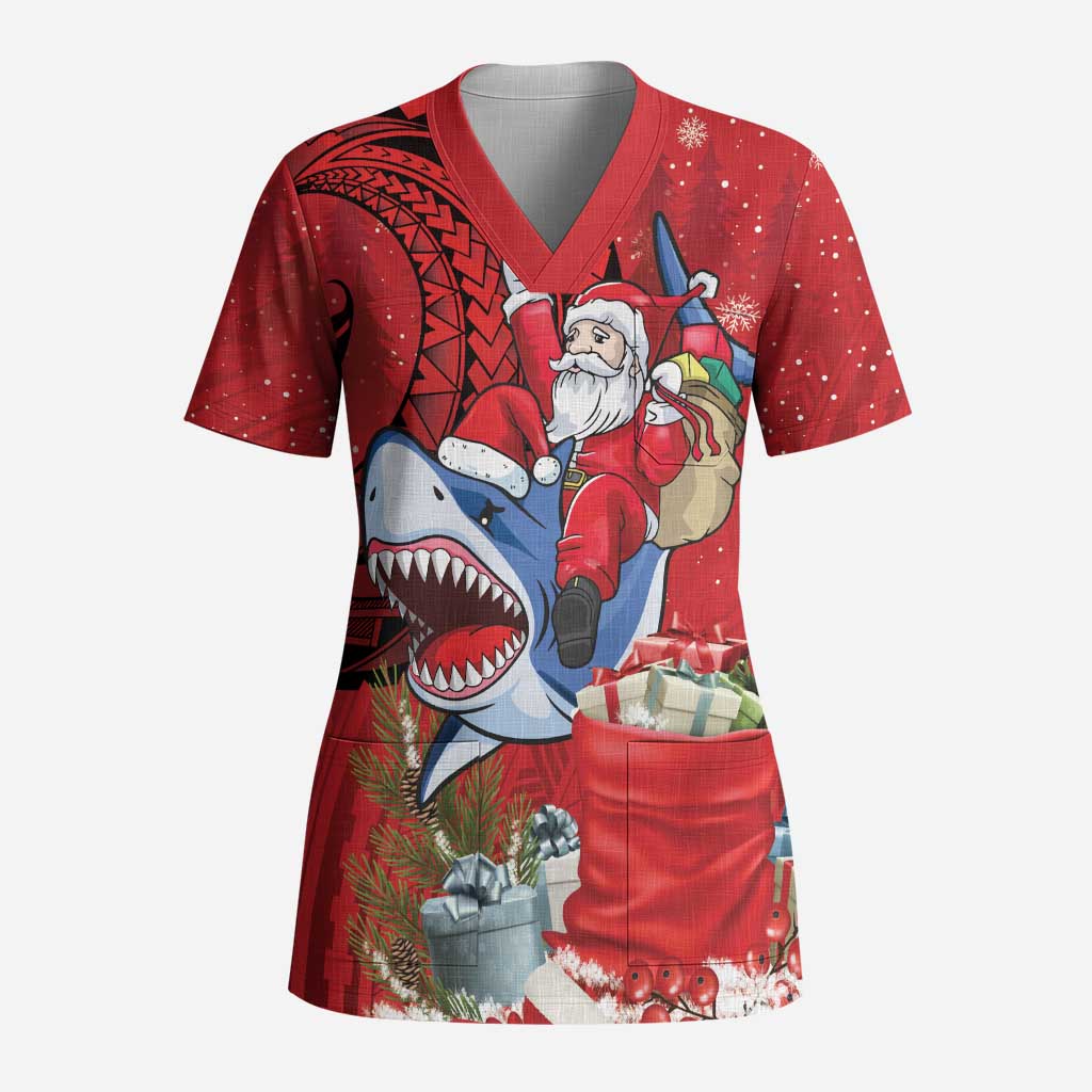 Funny Santa Riding Shark Scrub Top Polynesian Tribal Christmas Spirit - Polynesian Pride