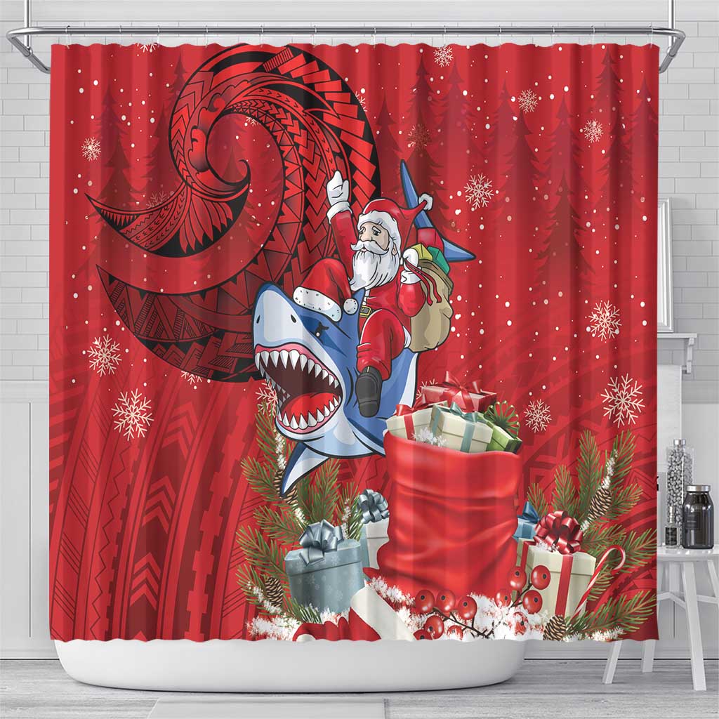 Funny Santa Riding Shark Shower Curtain Polynesian Tribal Christmas Spirit - Polynesian Pride