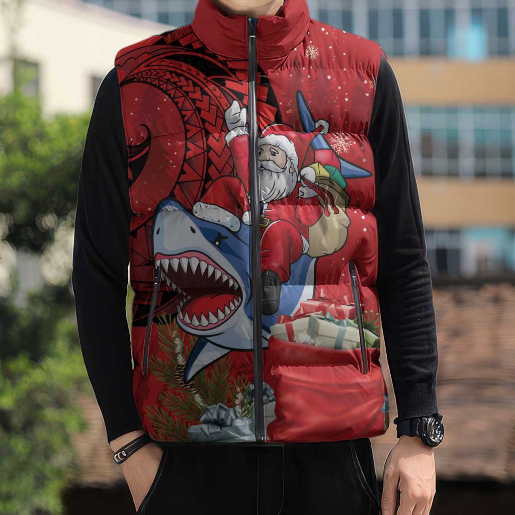 Funny Santa Riding Shark Sleeveless Puffer Jacket Polynesian Tribal Christmas Spirit - Polynesian Pride