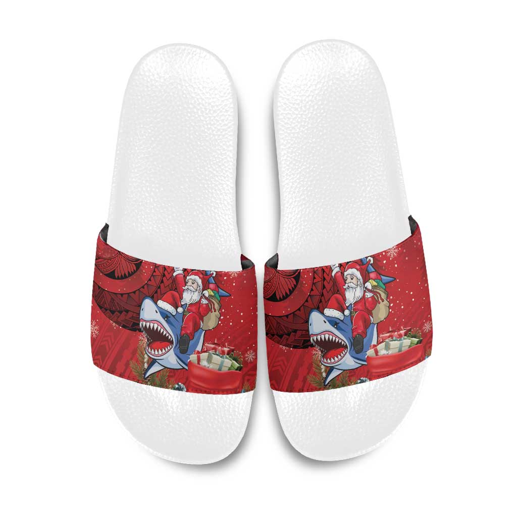 Funny Santa Riding Shark Slide Sandals Polynesian Tribal Christmas Spirit - Polynesian Pride