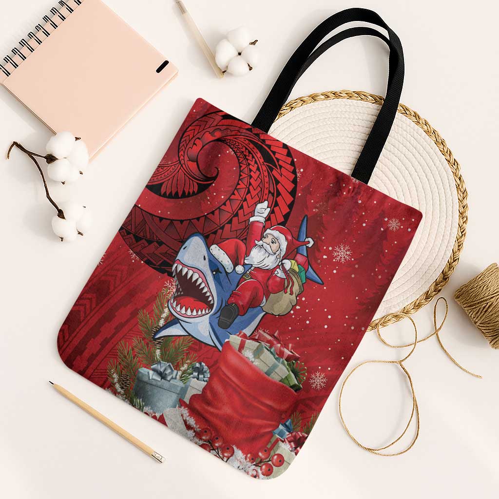 Funny Santa Riding Shark Tote Bag Polynesian Tribal Christmas Spirit - Polynesian Pride