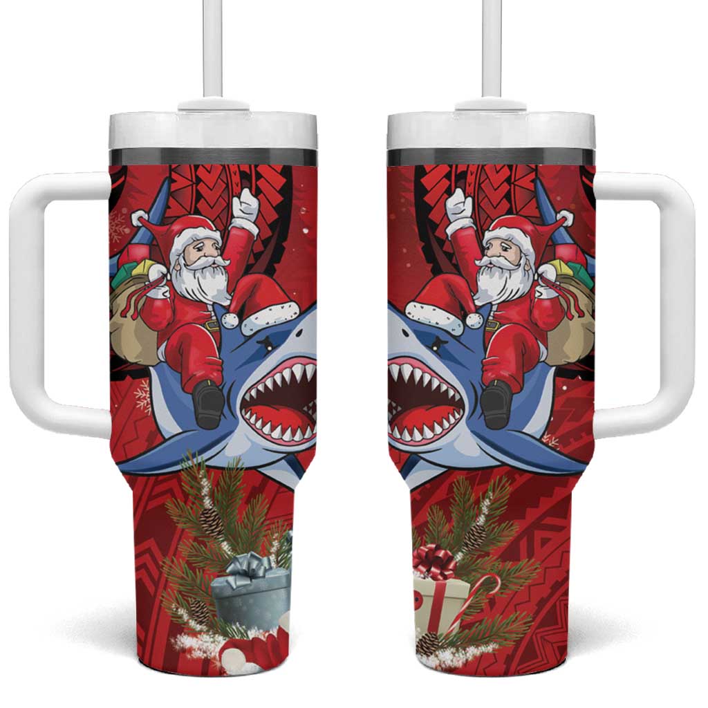 Funny Santa Riding Shark Tumbler With Handle Polynesian Tribal Christmas Spirit - Polynesian Pride