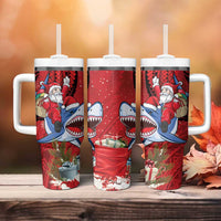 Funny Santa Riding Shark Tumbler With Handle Polynesian Tribal Christmas Spirit - Polynesian Pride