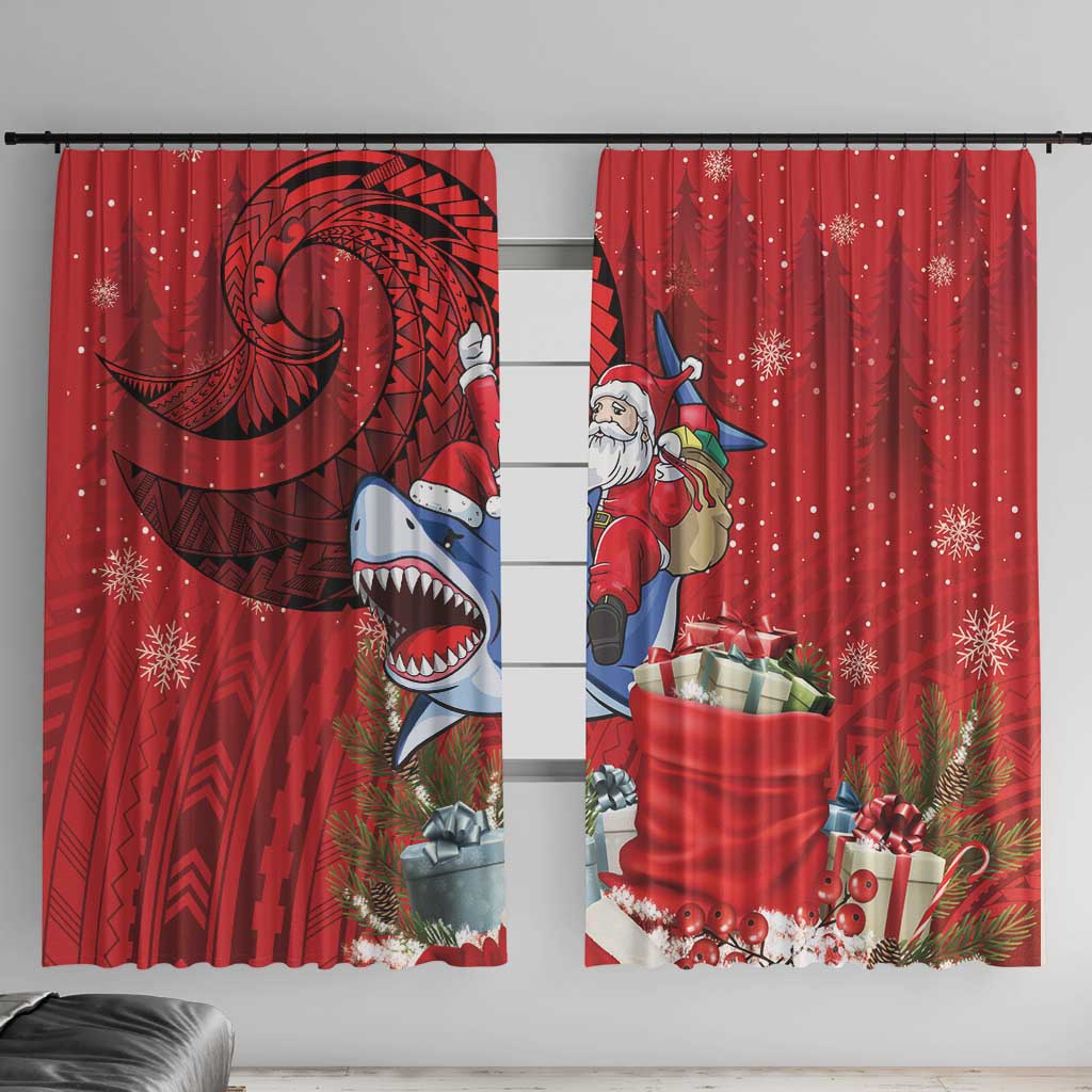 Funny Santa Riding Shark Window Curtain Polynesian Tribal Christmas Spirit - Polynesian Pride