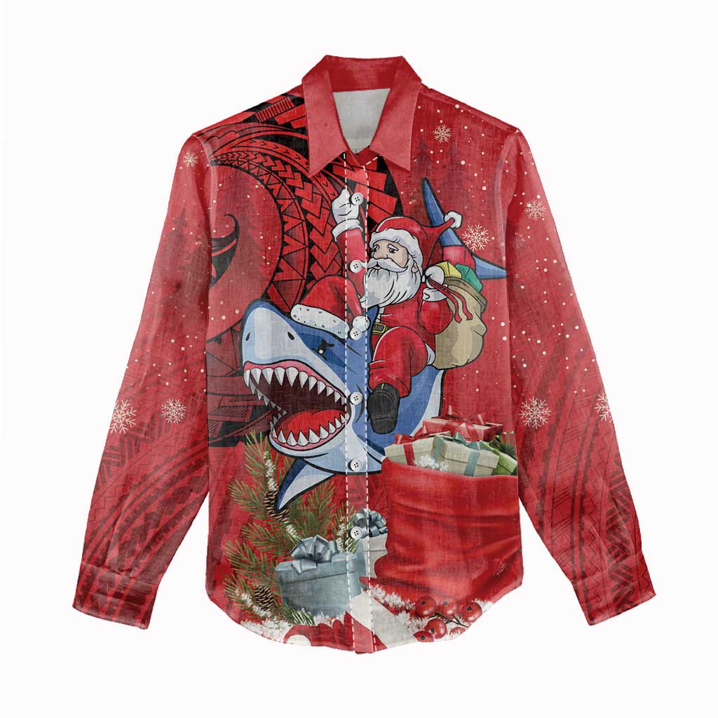 Funny Santa Riding Shark Women Casual Shirt Polynesian Tribal Christmas Spirit - Polynesian Pride