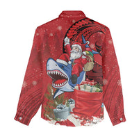 Funny Santa Riding Shark Women Casual Shirt Polynesian Tribal Christmas Spirit - Polynesian Pride