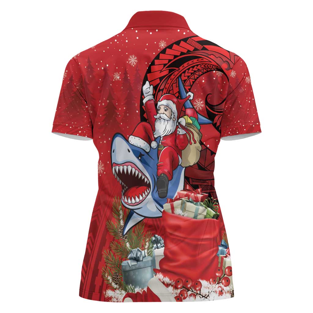 Funny Santa Riding Shark Women Polo Shirt Polynesian Tribal Christmas Spirit - Polynesian Pride
