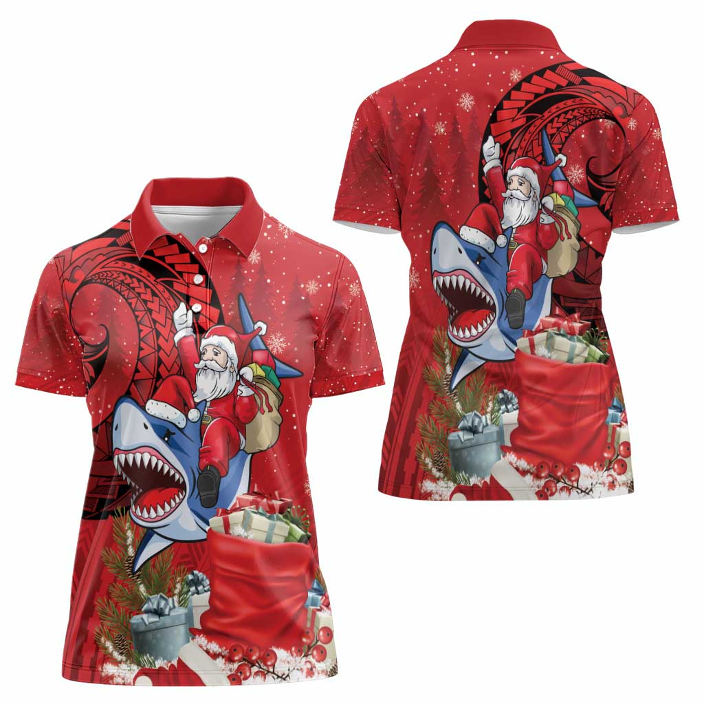Funny Santa Riding Shark Women Polo Shirt Polynesian Tribal Christmas Spirit - Polynesian Pride