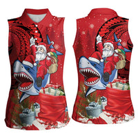 Funny Santa Riding Shark Women Sleeveless Polo Shirt Polynesian Tribal Christmas Spirit - Polynesian Pride