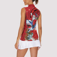 Funny Santa Riding Shark Women Sleeveless Polo Shirt Polynesian Tribal Christmas Spirit - Polynesian Pride