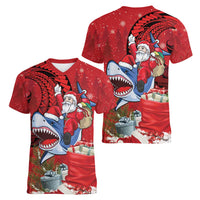 Funny Santa Riding Shark Women V-Neck T-Shirt Polynesian Tribal Christmas Spirit - Polynesian Pride