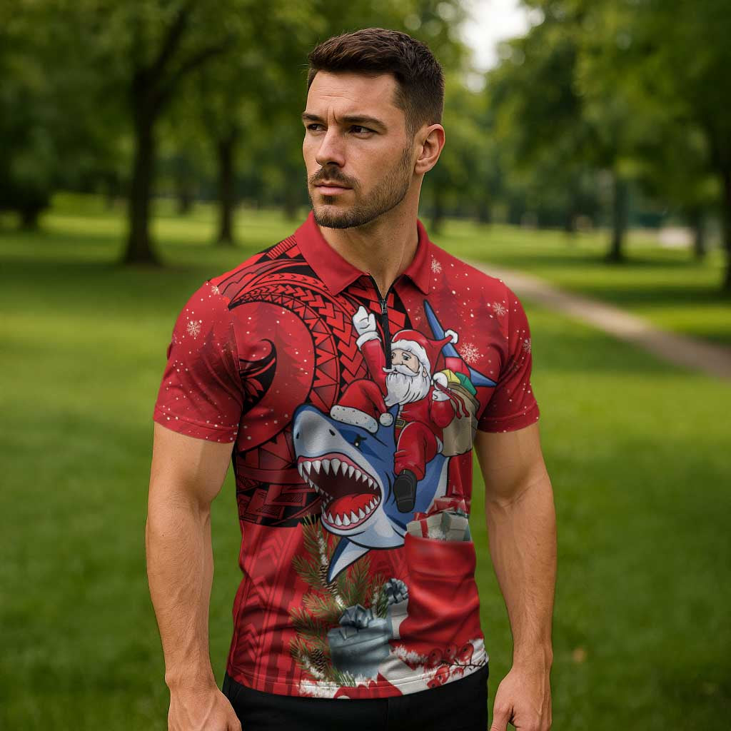 Funny Santa Riding Shark Zipper Polo Shirt Polynesian Tribal Christmas Spirit - Polynesian Pride