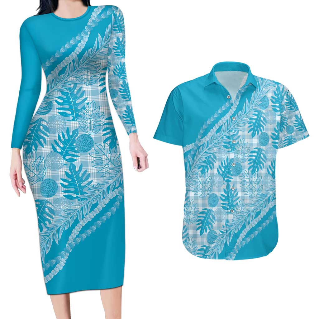 Hawaii Breadfruit Palaka Couples Matching Long Sleeve Bodycon Dress and Hawaiian Shirt Polu Maile Lei - Polynesian Pride