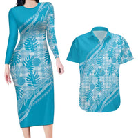 Hawaii Breadfruit Palaka Couples Matching Long Sleeve Bodycon Dress and Hawaiian Shirt Polu Maile Lei - Polynesian Pride