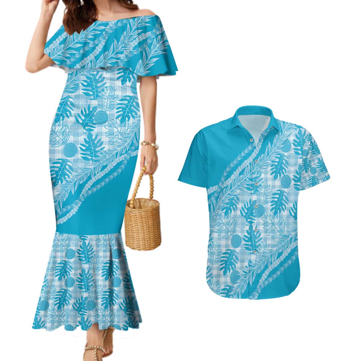 Hawaii Breadfruit Palaka Couples Matching Mermaid Dress and Hawaiian Shirt Polu Maile Lei - Polynesian Pride