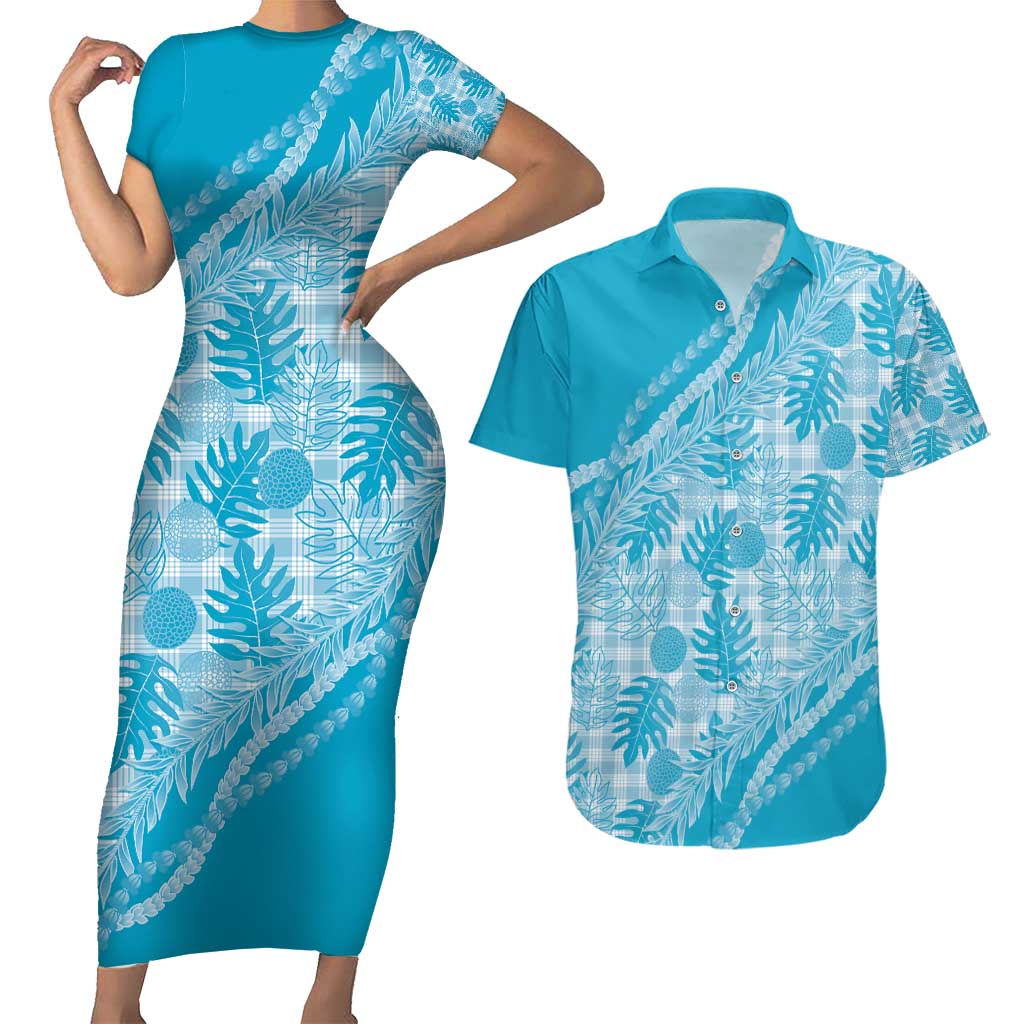 Hawaii Breadfruit Palaka Couples Matching Short Sleeve Bodycon Dress and Hawaiian Shirt Polu Maile Lei - Polynesian Pride