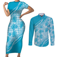 Hawaii Breadfruit Palaka Couples Matching Short Sleeve Bodycon Dress and Long Sleeve Button Shirt Polu Maile Lei - Polynesian Pride