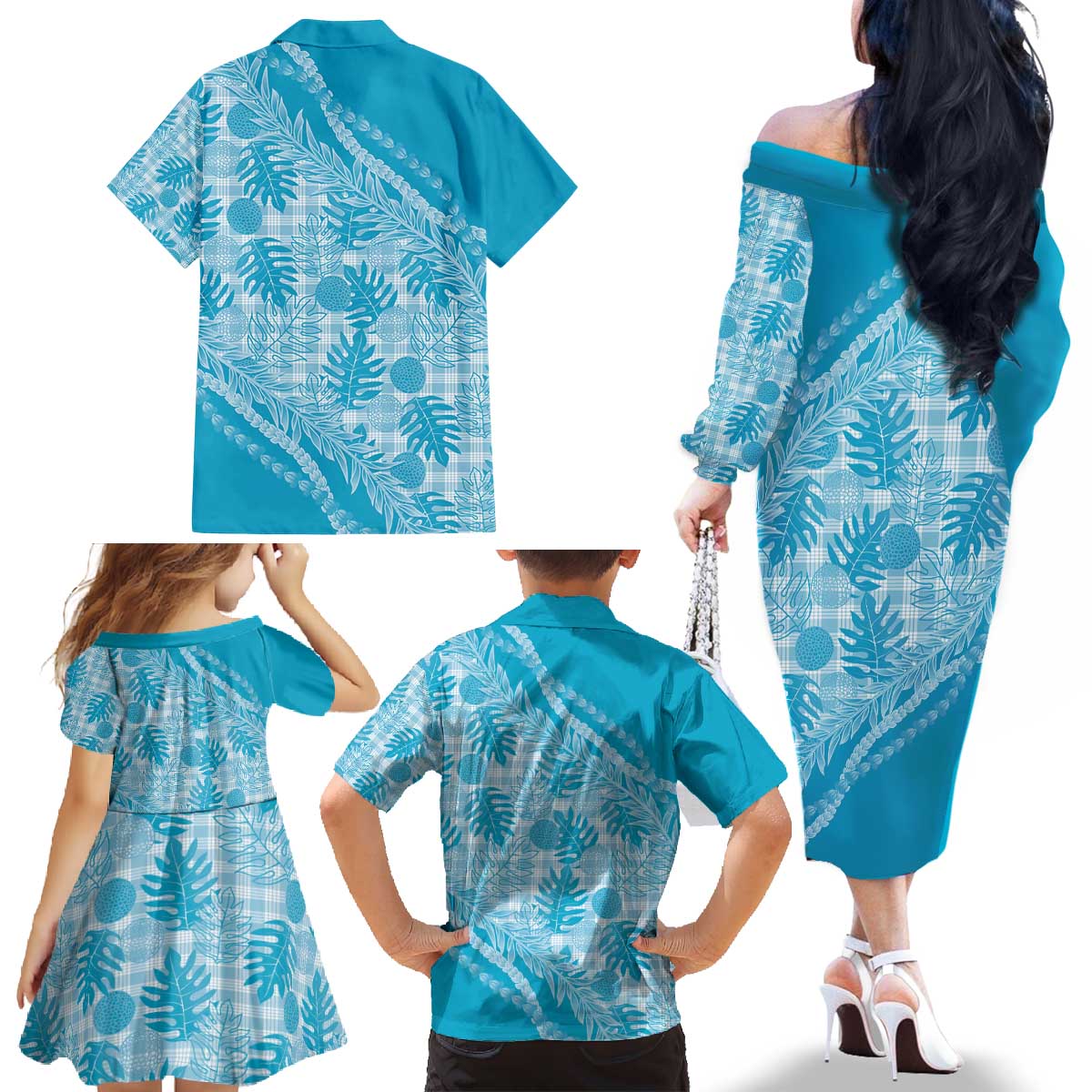 Hawaii Breadfruit Palaka Family Matching Off The Shoulder Long Sleeve Dress and Hawaiian Shirt Polu Maile Lei - Polynesian Pride