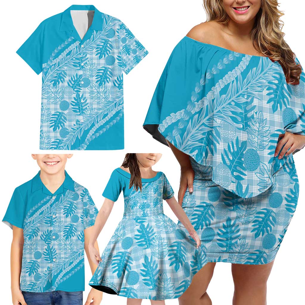 Hawaii Breadfruit Palaka Family Matching Off Shoulder Short Dress and Hawaiian Shirt Polu Maile Lei - Polynesian Pride