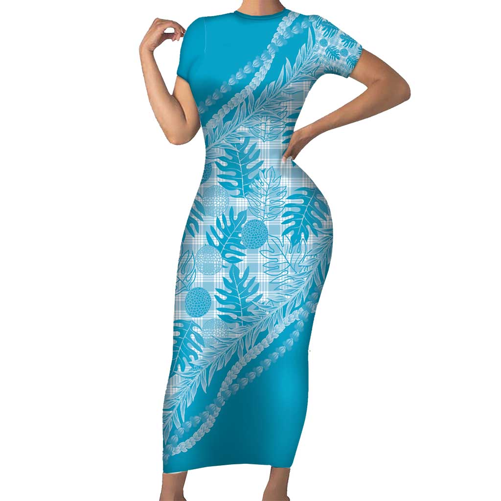 Hawaii Breadfruit Palaka Short Sleeve Bodycon Dress Polu Maile Lei - Polynesian Pride
