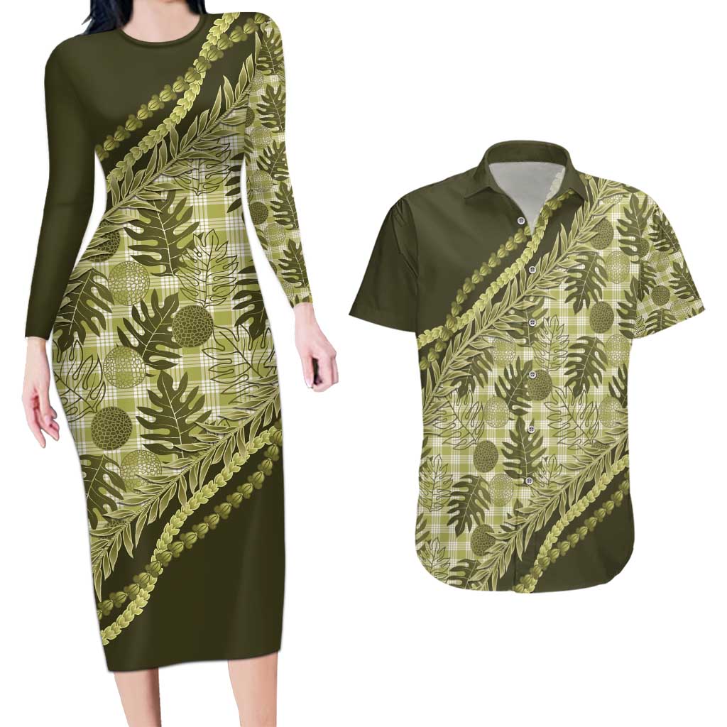 Hawaii Breadfruit Palaka Couples Matching Long Sleeve Bodycon Dress and Hawaiian Shirt Omaomao Maile Lei - Polynesian Pride