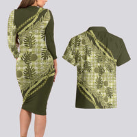 Hawaii Breadfruit Palaka Couples Matching Long Sleeve Bodycon Dress and Hawaiian Shirt Omaomao Maile Lei - Polynesian Pride