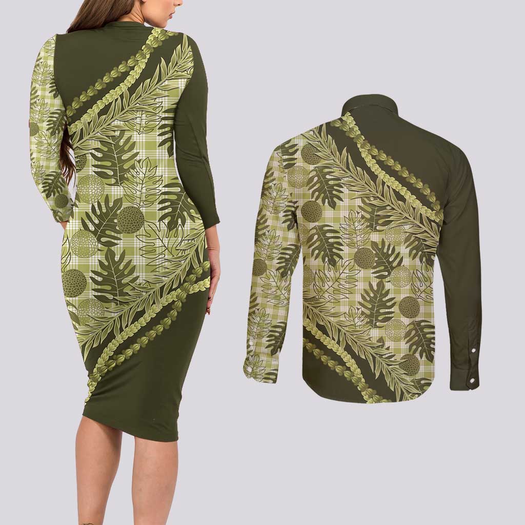 Hawaii Breadfruit Palaka Couples Matching Long Sleeve Bodycon Dress and Long Sleeve Button Shirt Omaomao Maile Lei - Polynesian Pride