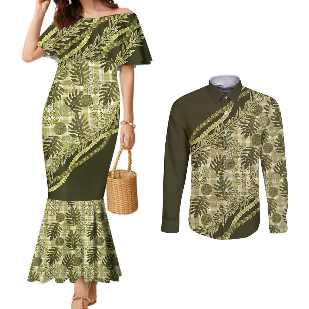 Hawaii Breadfruit Palaka Couples Matching Mermaid Dress and Long Sleeve Button Shirt Omaomao Maile Lei - Polynesian Pride