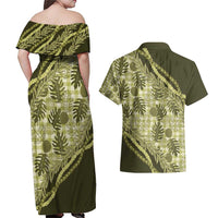 Hawaii Breadfruit Palaka Couples Matching Off Shoulder Maxi Dress and Hawaiian Shirt Omaomao Maile Lei - Polynesian Pride
