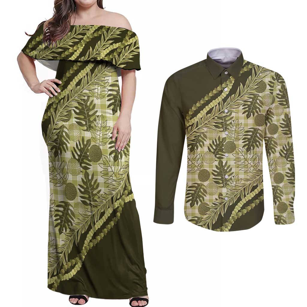 Hawaii Breadfruit Palaka Couples Matching Off Shoulder Maxi Dress and Long Sleeve Button Shirt Omaomao Maile Lei - Polynesian Pride