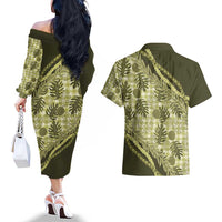 Hawaii Breadfruit Palaka Couples Matching Off The Shoulder Long Sleeve Dress and Hawaiian Shirt Omaomao Maile Lei - Polynesian Pride